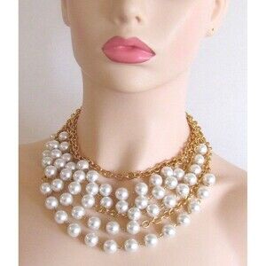 DESIGNER KENNETH JAY LANE GOLD-TONE CHAIN FAUX PEARL CHOKER STATEMENT NECKLACE